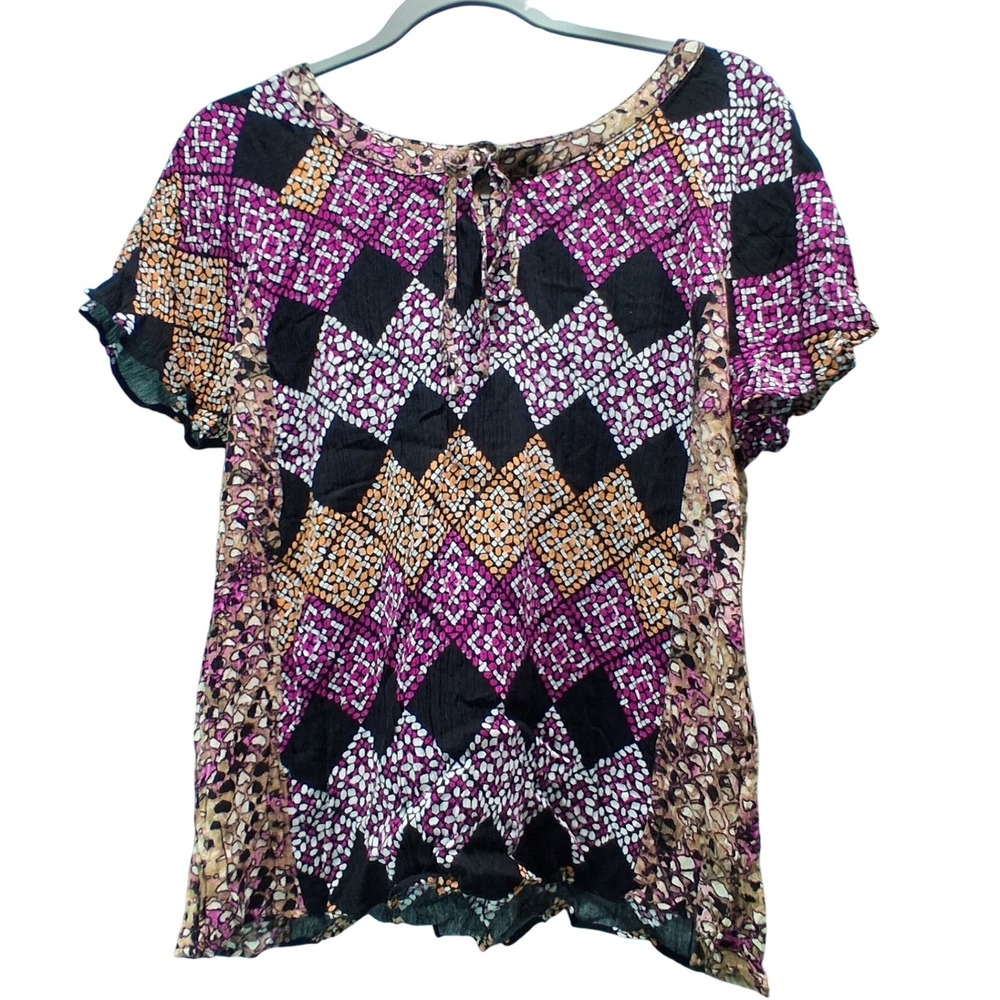 Jaclyn Smith Geometric Diamond Blouse Large Black Magenta Boho Art To Wear Top